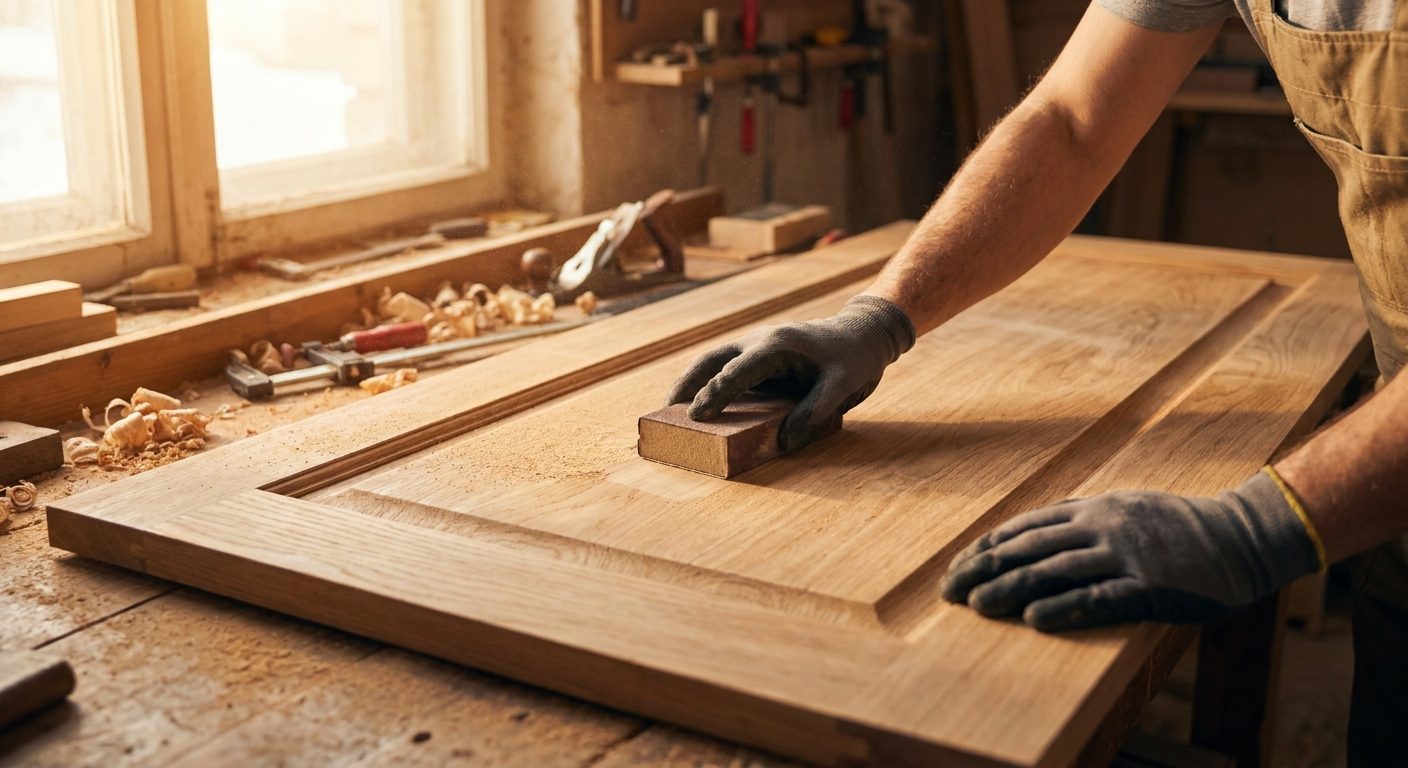 Carpintero puliendo una puerta de madera maciza en el taller de Maderas Albalat