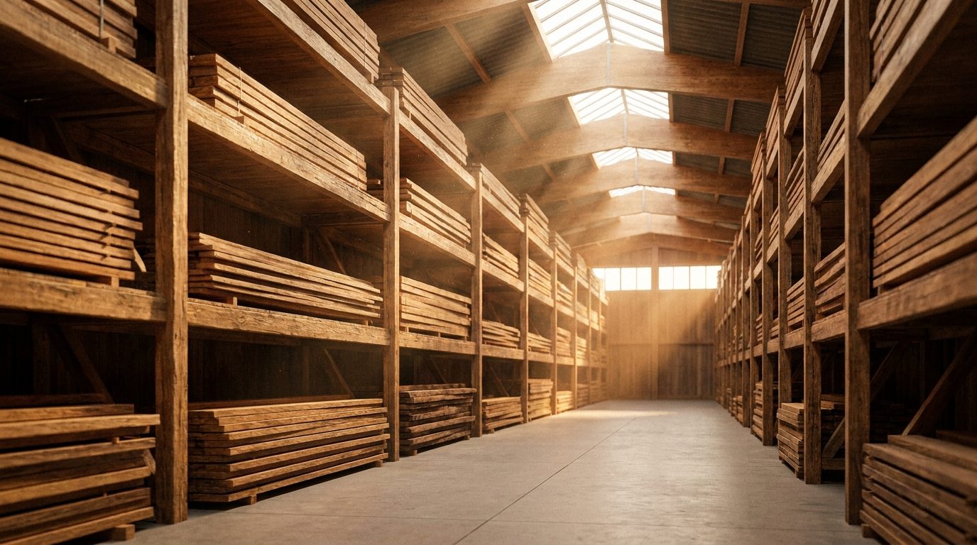 Almacén de madera de Maderas Albalat con tableros y planchas apiladas